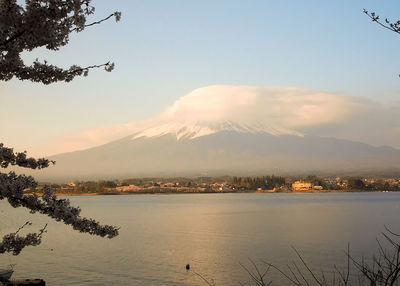 Scenic view of lake by mountains against sky