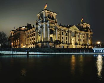 Reflection of building in water at night