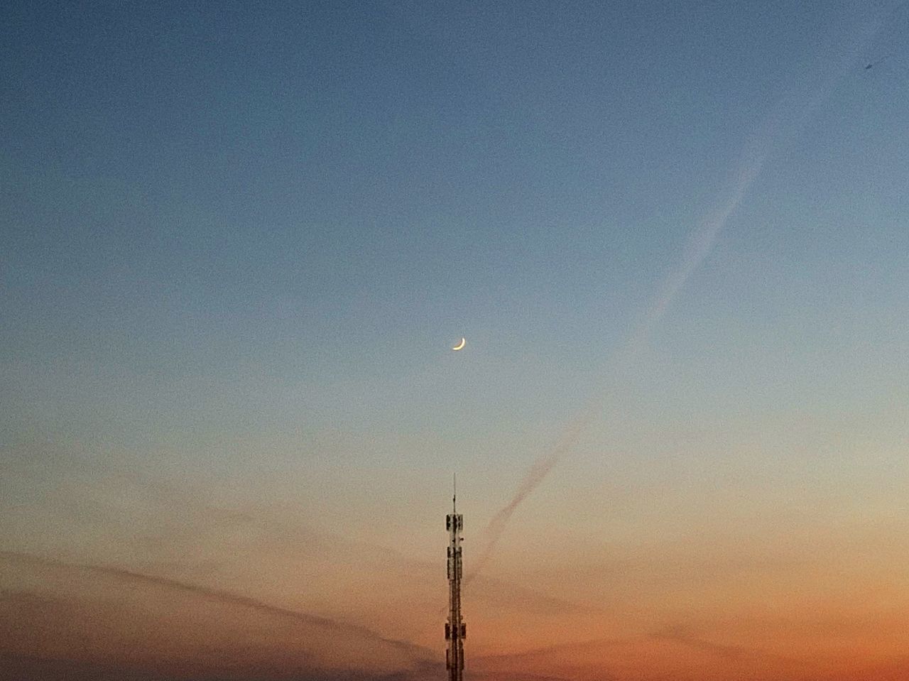 sky, tower, sunset, moon, nature, beauty in nature, built structure, technology, cloud - sky, architecture, no people, tall - high, dusk, scenics - nature, communication, low angle view, tranquility, tranquil scene, outdoors, global communications, spire
