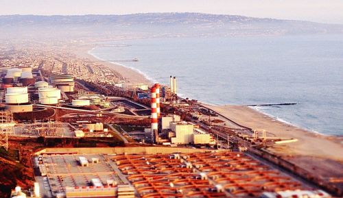 High angle view of city at seaside