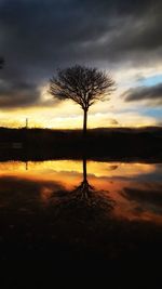 Silhouette bare tree by lake against sky during sunset