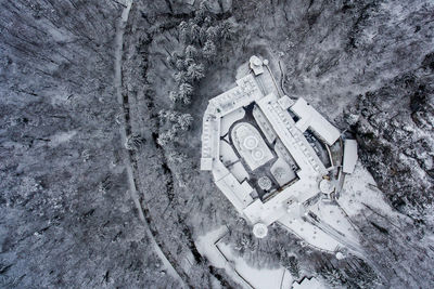 Directly above shot of built structure in forest during winter