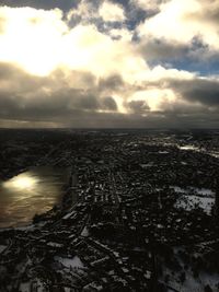 Aerial view of cityscape at sunset