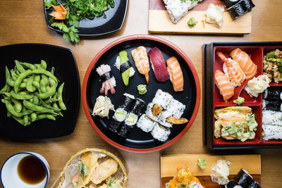 High angle view of sushi served on table