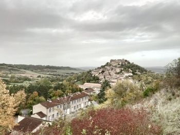 High angle view of buildings against sky