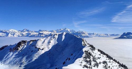 Panoramic view of snowcapped mountain against blue sky