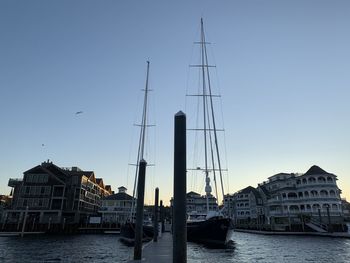 Sailboats moored in sea against clear sky in newport rhode island 