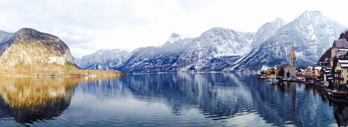 Panoramic view of lake and snowcapped mountains against sky