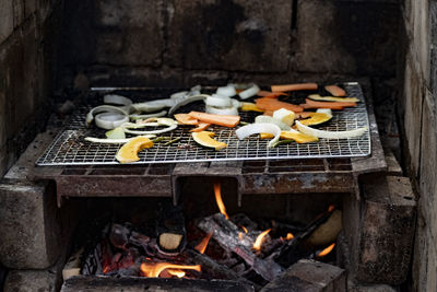 Various vegetables on barbecue grill
