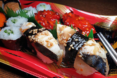 Close-up of sushi served on table