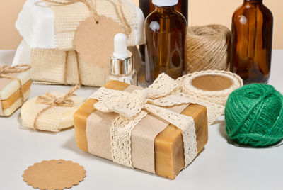 Close-up of christmas presents on table