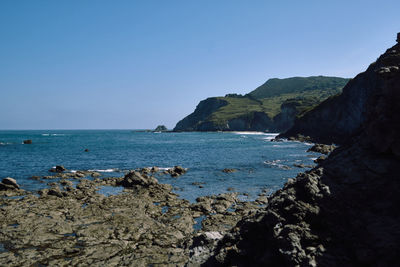 Scenic view of sea against clear blue sky