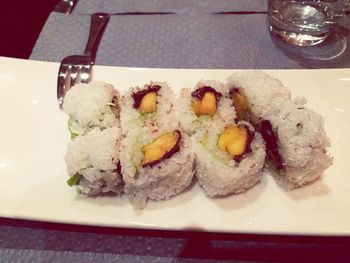 Close-up of sushi served in plate