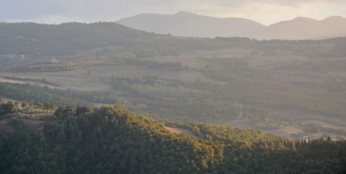 High angle view of landscape and mountains against sky