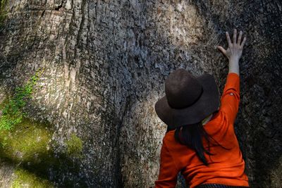 Back shot of fashionable woman touching the trunk of a large tree
