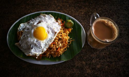 High angle view of breakfast served on table