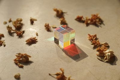 Prism and flowers on table