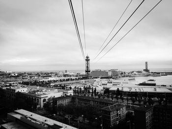 Aerial view of cityscape by sea against sky