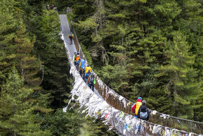 High angle view of people walking in forest of everest base camp trek, nepal