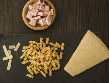 High angle view of bread on cutting board