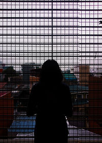 Rear view of woman standing against window