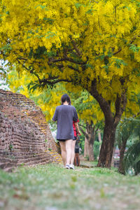 Rear view of woman walking on autumn leaves