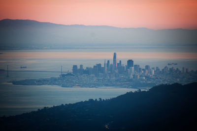 Buildings in city at sunset