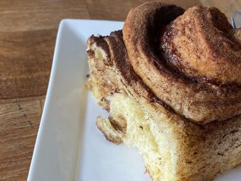 High angle view of cake in plate on table