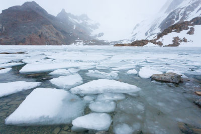 Frozen lake by mountain against sky