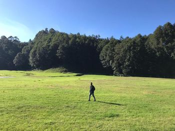 Man on field by trees against sky