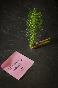 High angle view of text on table