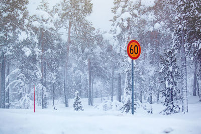 Road sign on snow covered field
