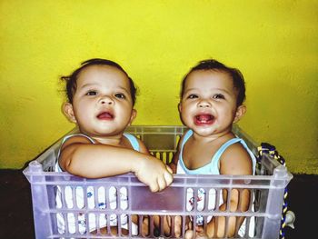 Close-up of smiling twin sisters in basket against yellow wall