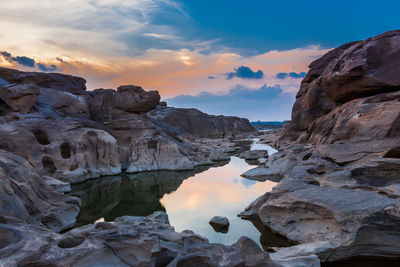 Rock formations against sky during sunset