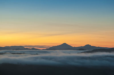 Scenic view of silhouette mountains against sky during sunset