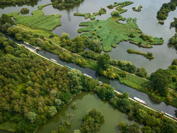 High angle view of townscape by lake