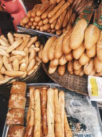 High angle view of bread for sale at market stall