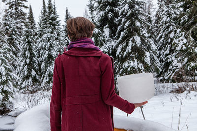 Rear view of woman on snow covered land