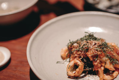 High angle view of meal served on table