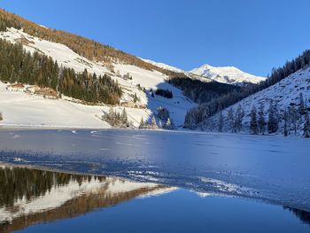 Scenic view of snowcapped mountains against clear blue sky