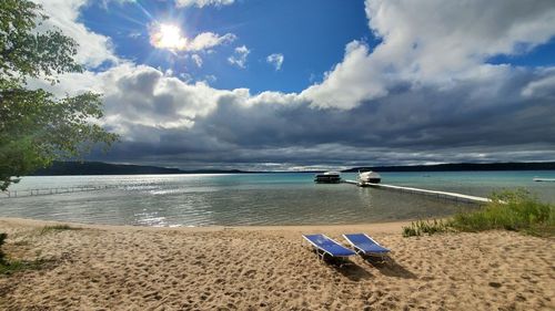 Scenic view of crystal lake michigan against sky. 