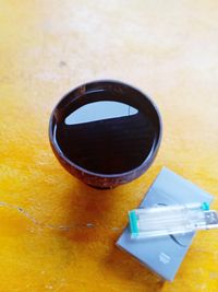 High angle view of drink on table