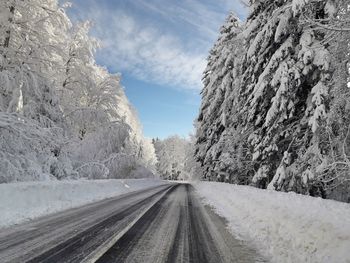 Road amidst trees against sky during winter