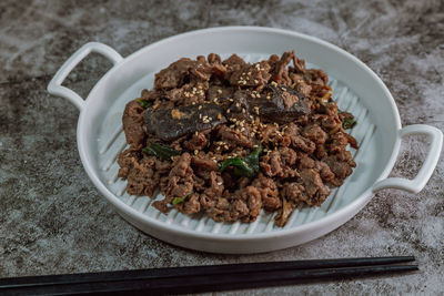 High angle view of meal served in bowl