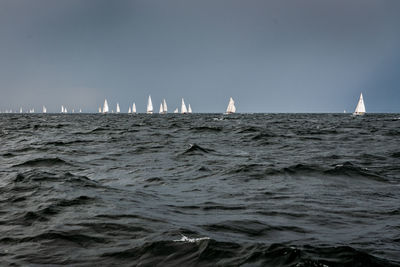 Sailboat sailing on sea against clear sky