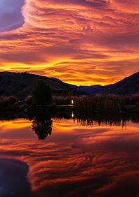 Scenic view of lake against orange sky