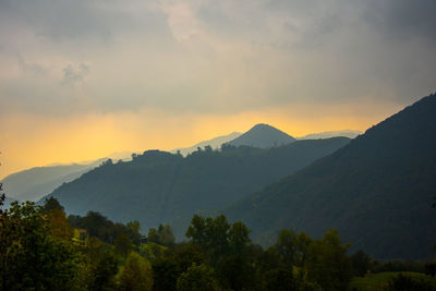 Alpine sunset in the woods in the mountains in chiampo valley, veneto, italy