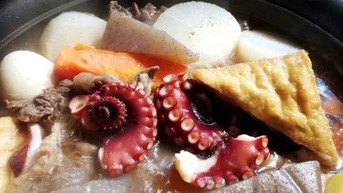 High angle view of breakfast served in plate