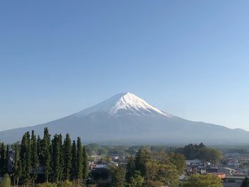 Scenic view of snowcapped mountains against clear sky