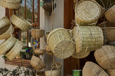 Close-up of baskets hanging